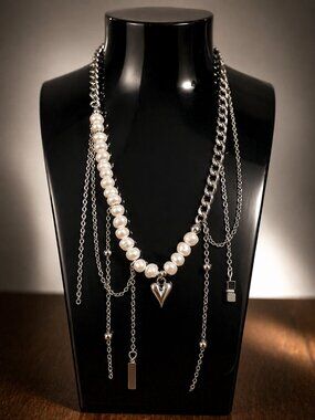 Layered Pearl Necklace & Earrings Set 2pc Statement Heart Jewelry
